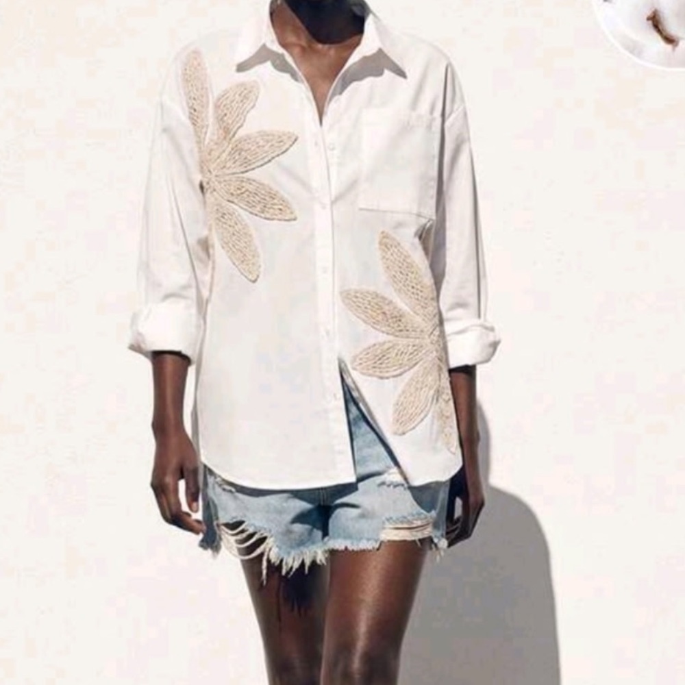 SHEIN White Button-Down Shirt with Beige Lace Leaf Appliqués